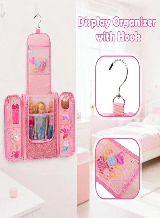 LoDrid Travel Carrying Case Compatible with Barbie Dolls 12-inch Holds up to 6 Dolls, Display Organizer with Hanging Hook, Doll Clothes Storage with Multiple Pockets for Accessories, Bag Only, Pink - Image 4